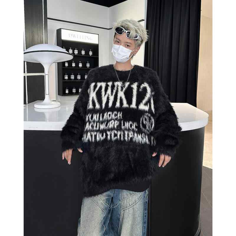 ニット メンズ 丸首 長袖 プルオーバー 宽松 秋冬 カジュアル トップス ロゴ パッチ ジャカード 黒 ブラック 系