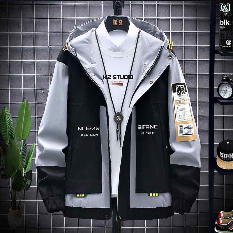 ジャケット 男性用 ブルゾン 春秋 撥水 防風 フード付き ポリエステル ブラック グレー レッド M L XL 2XL 3XL 4XL 5XL 6XL 7XL 8XL