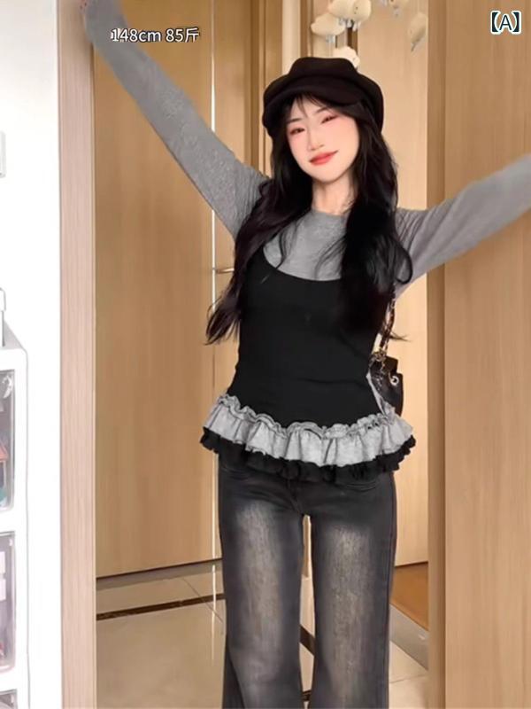 Tシャツ レディース 韓国風 かわいい 配色 ケーキ レース 切り替え 長袖 トップス 春秋 コットン 修身 ..