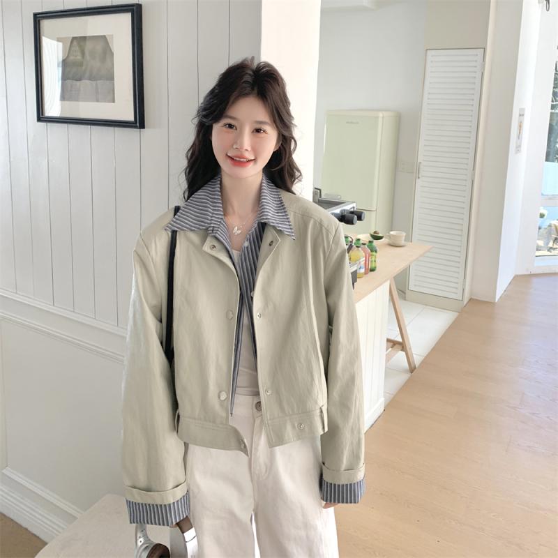 ジャケット レディース ストライプ シャツ襟 フェイクレイヤード PUレザー 春秋 ショート丈 ゆったり 浅青色