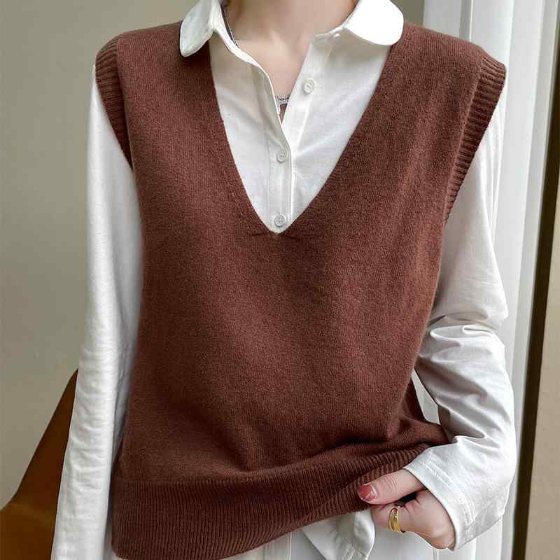 ニットベスト レディース Vネック プルオーバー カシミヤ100% ウール混紡 ノースリーブ セーター トップス ゆったり 普段使い かわいい 紫色 黒