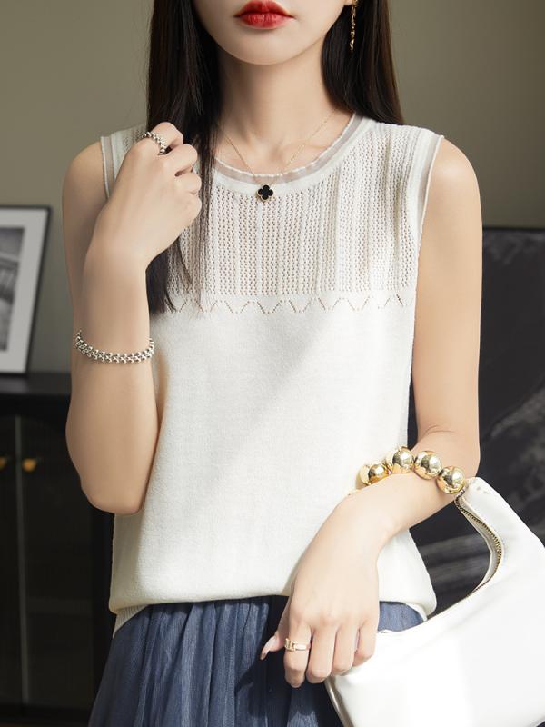 ニット レディース チュニック レース 接触冷感 トップス 春夏 ラウンドネック ノースリーブ タンクト..