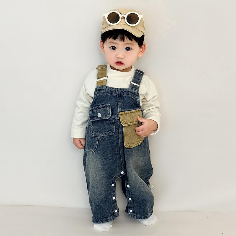 ベビー服 デニム オーバーオール セットアップ 春秋 長袖 トップス パンツ 2点セット 男の子 乳幼児 子供服 コットン 柔らかい ブルー ベージュ 帽子付き