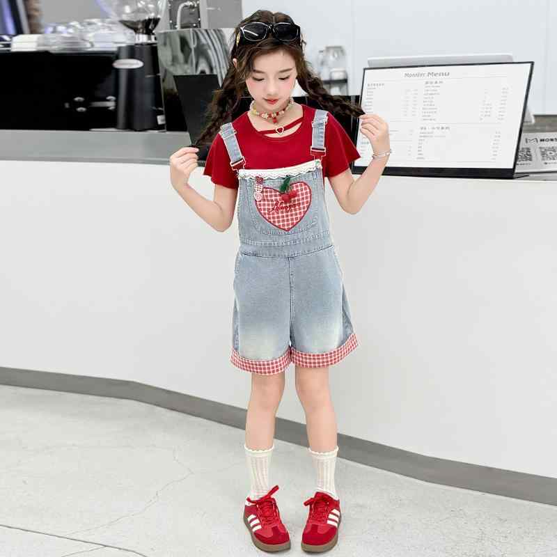 キッズ 女の子 デニム サロペット ショートパンツ セットアップ 薄手 夏 Tシャツ付き 子供服 上下セッ..