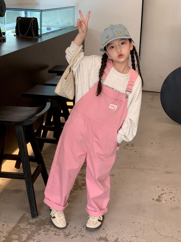 キッズ 背当てパンツ 女の子 水洗いコットン ピンク色 ストレート ロングパンツ 中高学年 春秋 100cm 1..