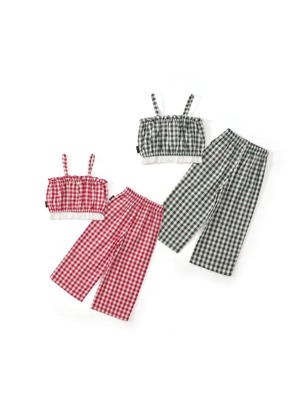 キッズ 女の子 チェック柄 セットアップ キャミソール レース 韓国風 パンツ 2点セット 薄手 春夏