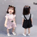 子供服 パンツセット 女の子 ストライプ サロペット 韓国風 ベビー服 2点セット 半袖 薄手 夏 幼児 普段着 かわいい 兎柄 ピンク系 黒