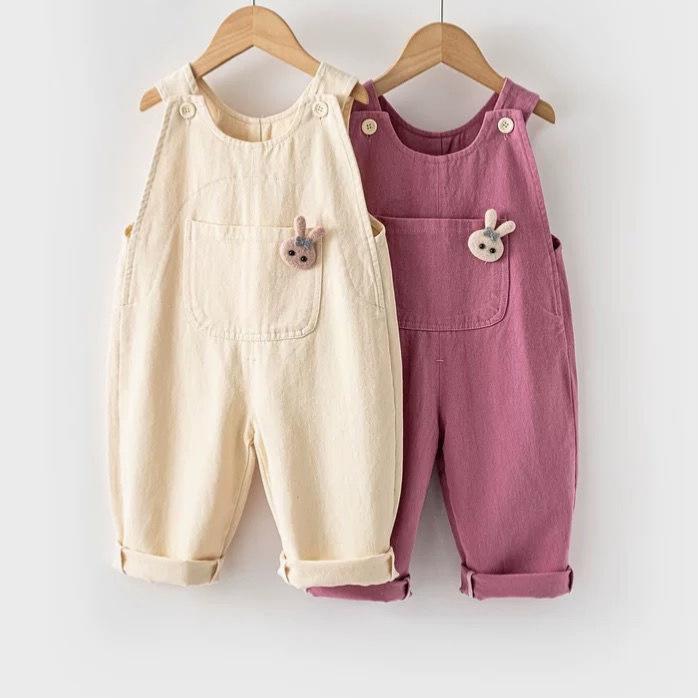 キッズ サロペット ベビー 女の子 子供服 春秋 コットン ロングパンツ 立体 うさぎ キャラクター かわいい 韓国風 ピンク系 オフホワイト 70 80 90 100 110 120cm
