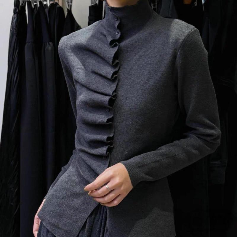 ニット レディース 秋冬 トップス 韓国風 長袖 カットソー 立襟 プルオーバー ギャザー 伸縮性 無地 シ..