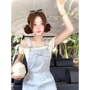 ワンピース レディース デニム サロペットスカート 春夏 少女 かわいい ウォッシュ加工 浅ブルー 一字肩Tシャツ付き 2点セット 綿混紡 伸縮性