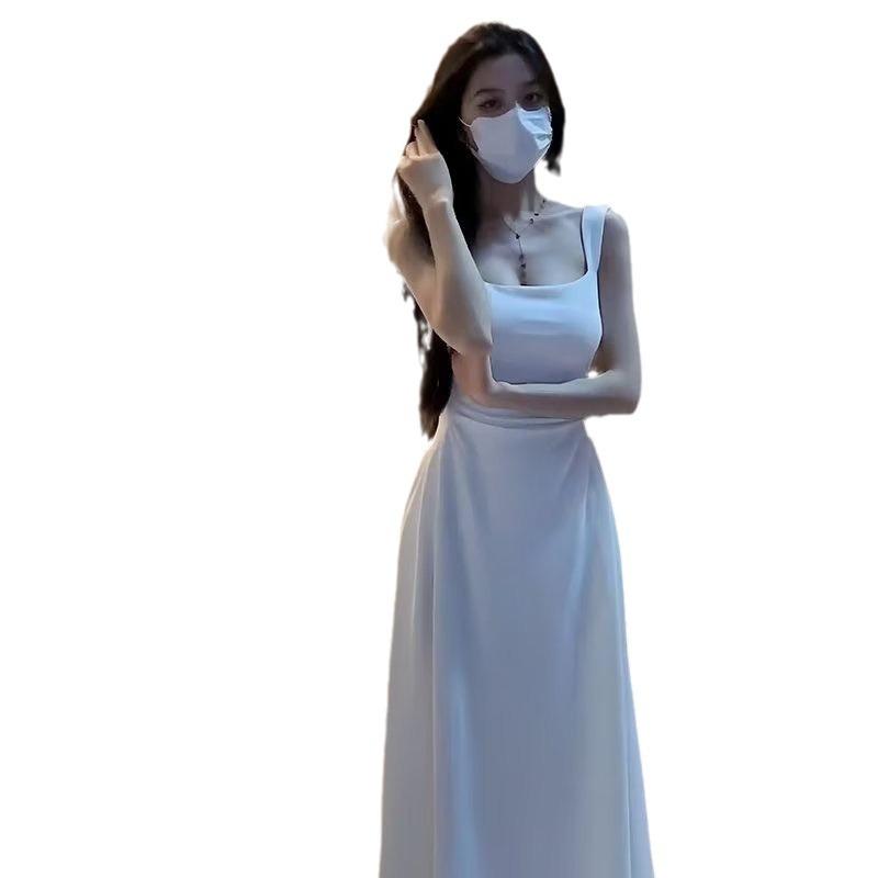 ワンピース レディース ノースリーブ Aライン ギャザー Uネック ロングワンピース 伸縮性 ポリエステル..