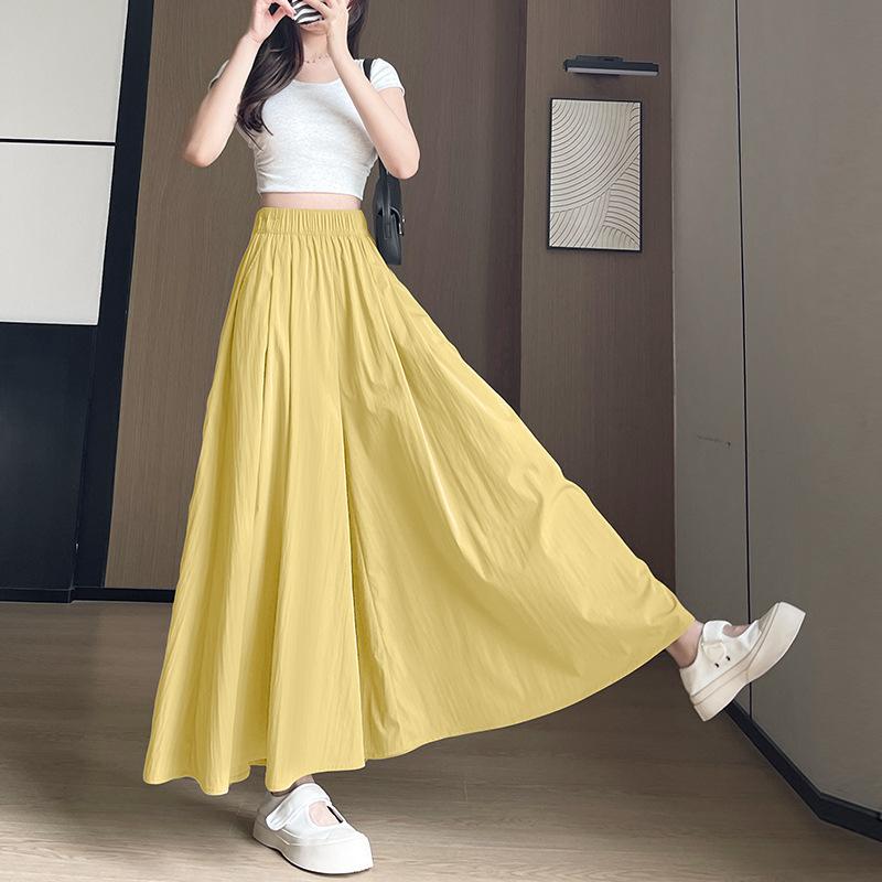 スカート レディース キュロットパンツ 春夏 薄手 ハイウエスト Aライン 9分丈 ワイドレッグパンツ ポリエステル 伸縮性 無地 イエロー ブラック ピンク系