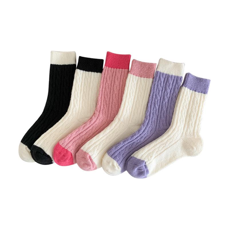 靴下 レディース 秋冬 ウール混 ミドル丈 ソックス バイカラー 切り替え 韓国風 かわいい 暖かい 冷え対策 ルームソックス 婦人靴下