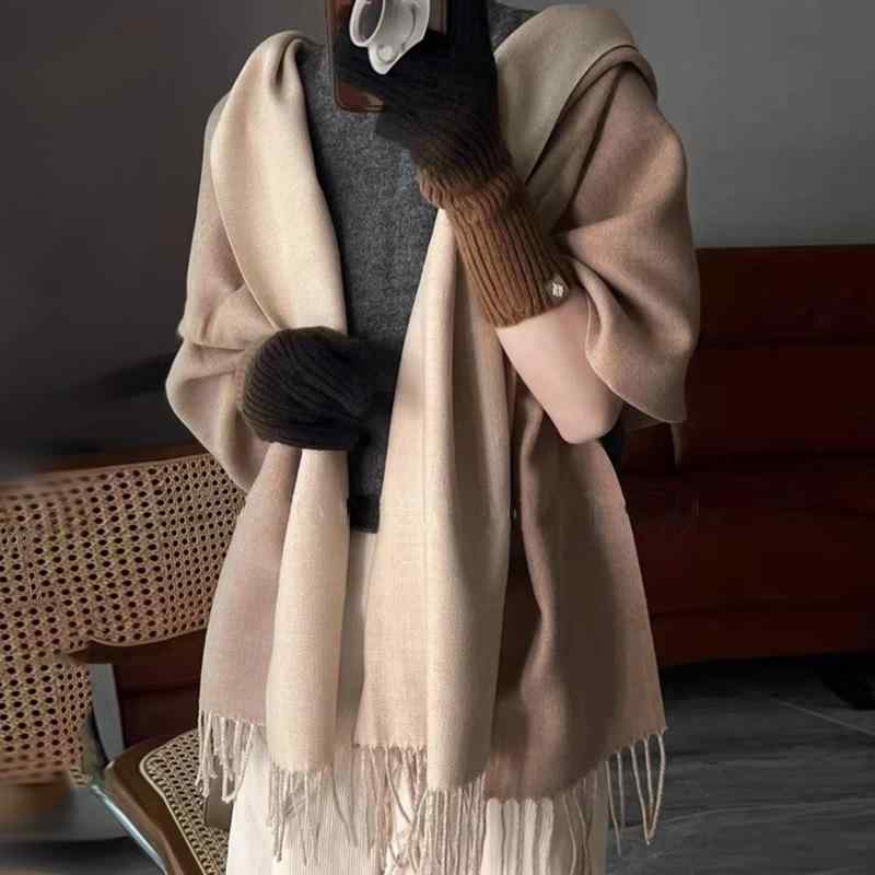 マフラー レディース ウールタッチ 韓国風 バイカラー ストール 秋冬 あったか ショール 草緑 愛馬オレンジ 黒 グレー 中国赤