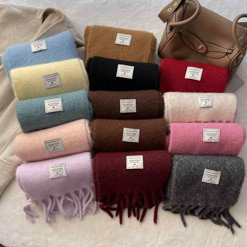 マフラー レディース 秋冬 韓国風 無地 ウール混紡 ニット ショール 襟巻き 糯糯米白 新年レッド ラベ..