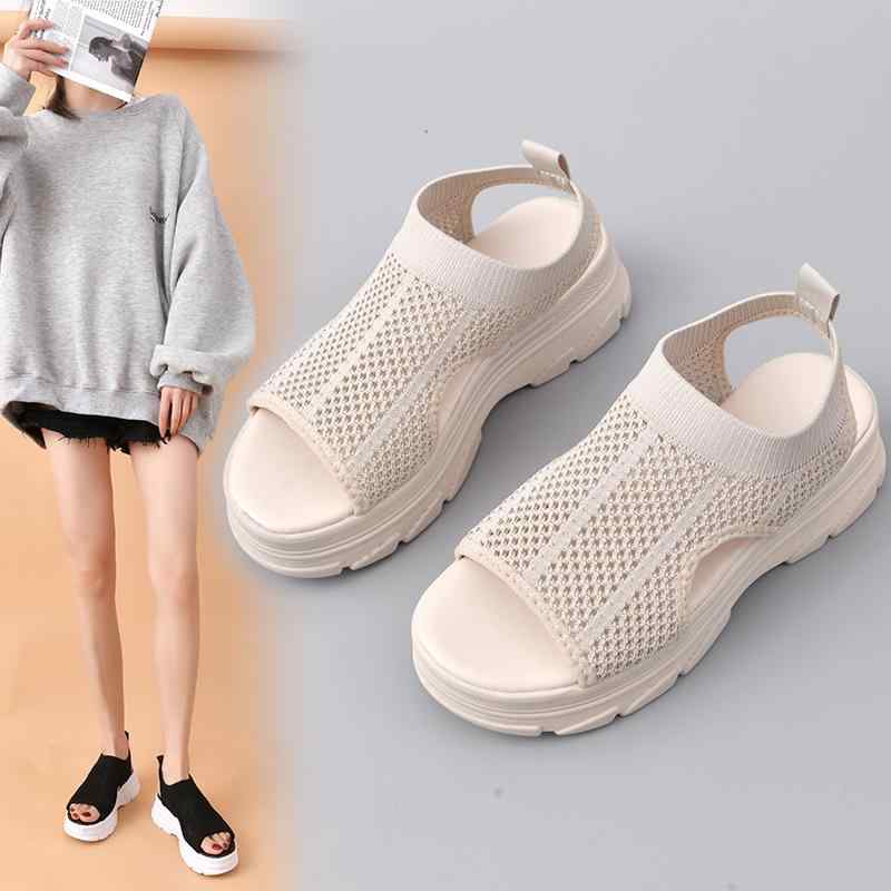 サンダル レディース 韓国風 厚底 スポーツサンダル メッシュ 伸縮性 網状 魚口 通気性 ローマサンダル 婦人靴 女性用 普段使い 黒 ベージュ