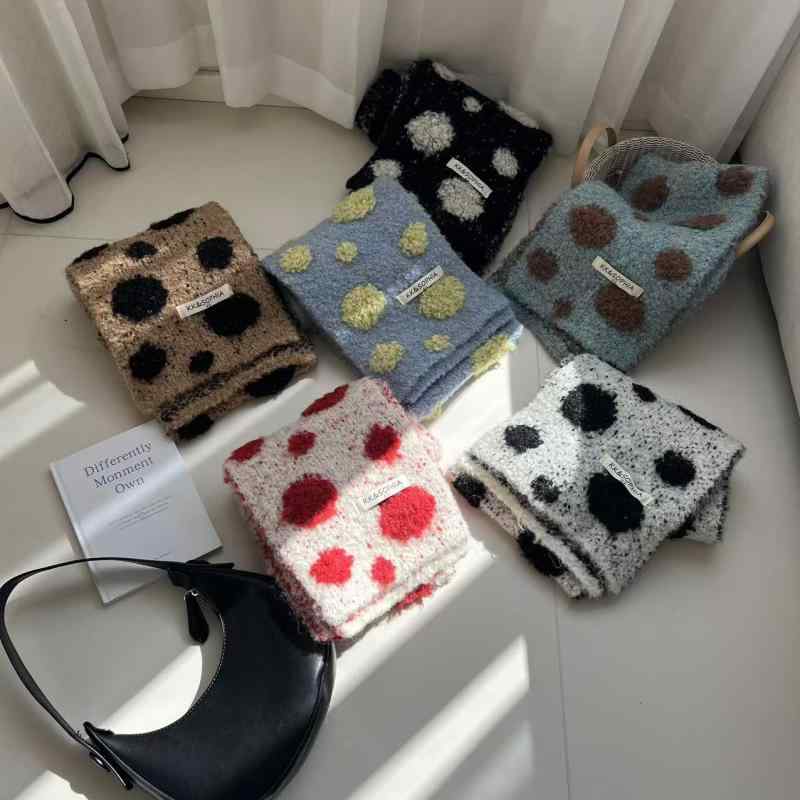 マフラー レディース 秋冬 ウール混 韓国風 ドット柄 配色 厚手 防寒 暖かい ネックウォーマー ショール ストール