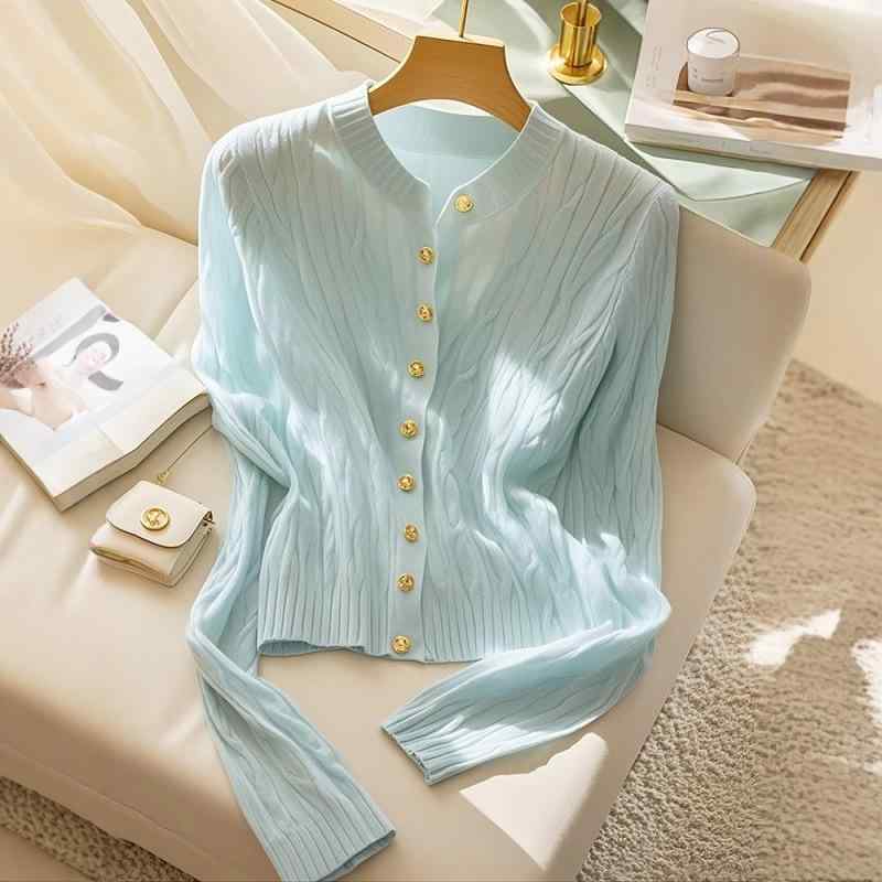 ニットカーディガン レディース 韓国風 ミントブルー ケーブル編み トップス ゆったり 厚手 ラウンドネック 長袖 無地 通勤 かわいい 春秋冬(4)