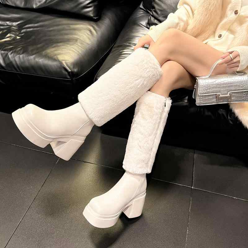 ブーツ レディース スノーブーツ 厚底 ハイカット チャンキーヒール ラウンドトゥ 牛革 暖かい 滑り止め 秋冬 日常使い お出かけ サイドジップ 米白 黒 ピンク系