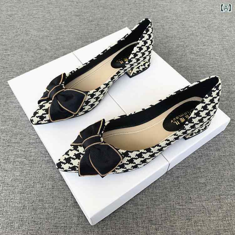 パンプス レディース 千鳥格子柄 チャンキーヒール ローヒール フラット ぺたんこ靴 アーモンドトゥ 蝶結び リボン 黒 白 緑 歩きやすい 痛くない かわいい ガーリー カジュアル