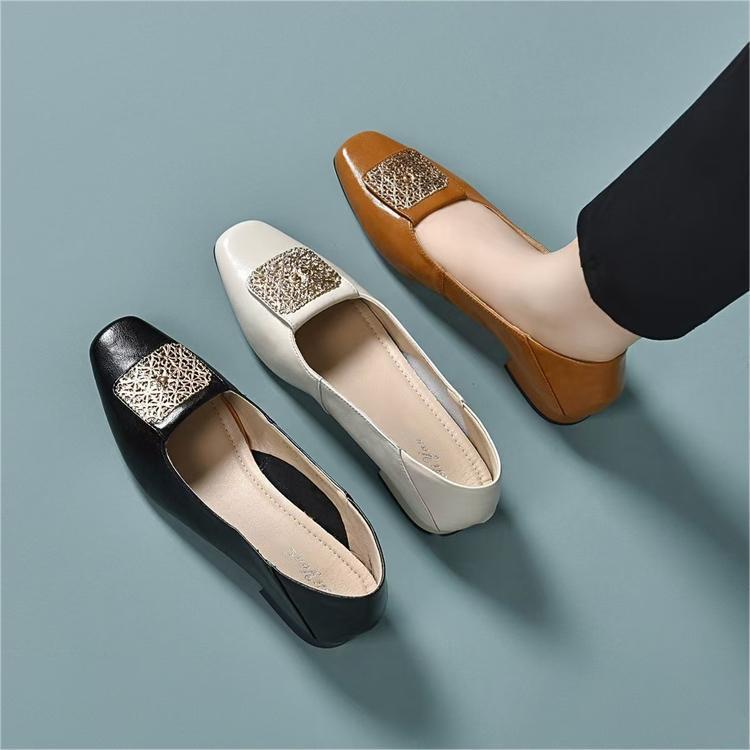 パンプス レディース スクエアトゥ ローヒール チャンキーヒール フラット スリッポン 羊皮 春夏 黒 ベ..