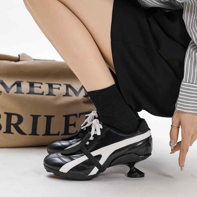 バレエシューズ レディース レースアップ スニーカー チャンキーヒール ラウンドトゥ レザー 春夏 カジ..