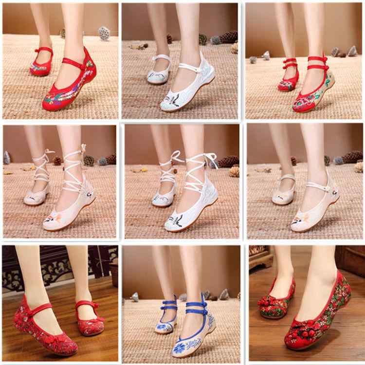 布靴 レディース 刺繍入り 中帮 エスニック スリッポン 6cmヒール チャイナ風 普段使い 散歩 ゴム底 綿..