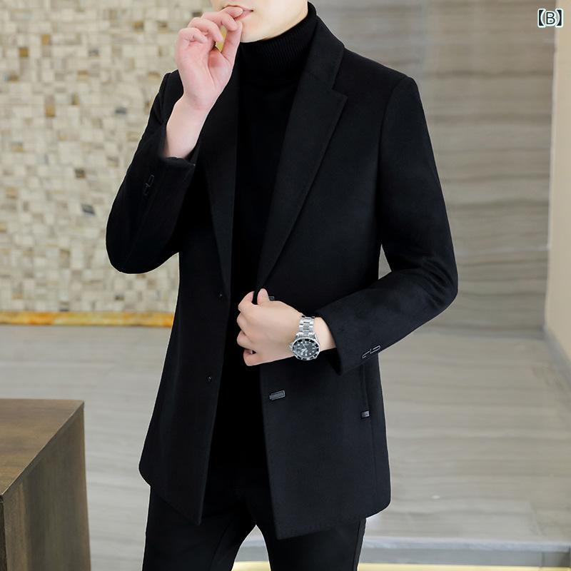 コート メンズ ウール カシミヤ ブレンド ビジネス カジュアル 厚手 防寒 トップス 秋冬 灰色 黒色