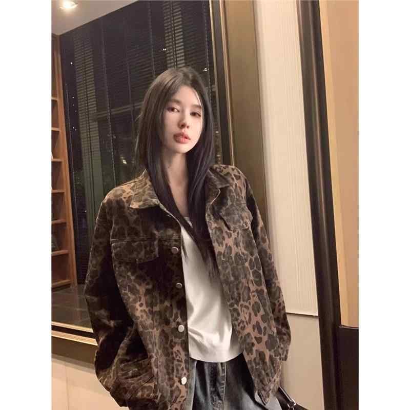 デニムジャケット レディース ヒョウ柄 長袖 春物 襟付き ブルゾン ゆったりサイズ アウター ストリート カジュアルスタイル
