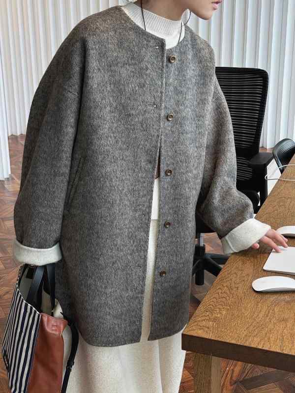 コート レディース 秋冬 韓国風 ウール ダブルフェイス テーラード 暖か 柔らか 小柄 ゆったり オーバーサイズ ドロップショルダー カジュアル 無地(4)