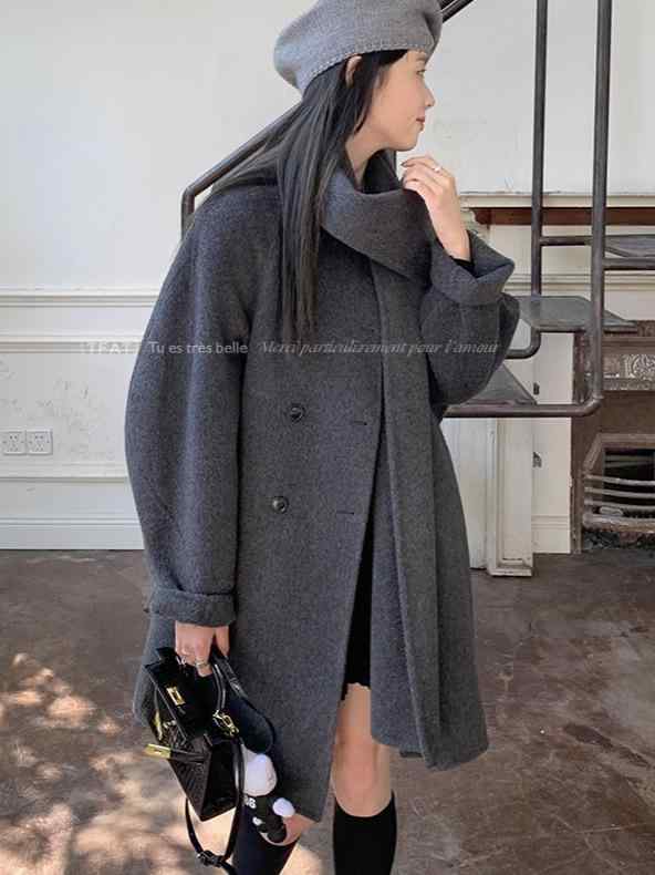 コート レディース ウール ロング丈 秋冬 スカーフカラー ゆったり グレー 無地 韓国風 カジュアル S M L(4)