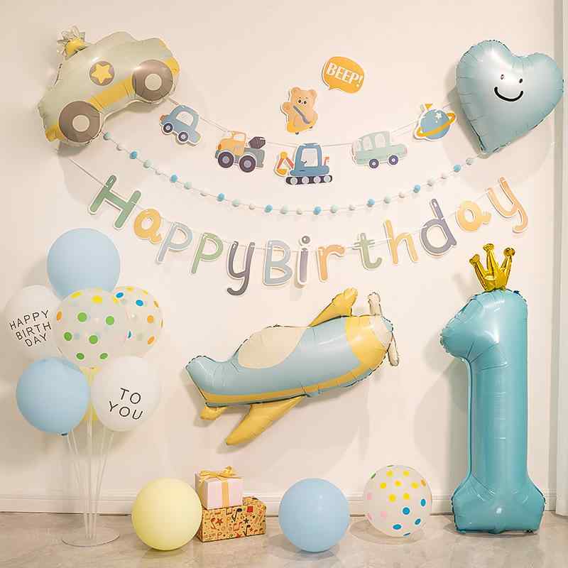 気球 男の子 ベビー 子供 1歳 誕生日 飾り付け 背景 壁 写真 撮影道具 マット 飛行機 くま