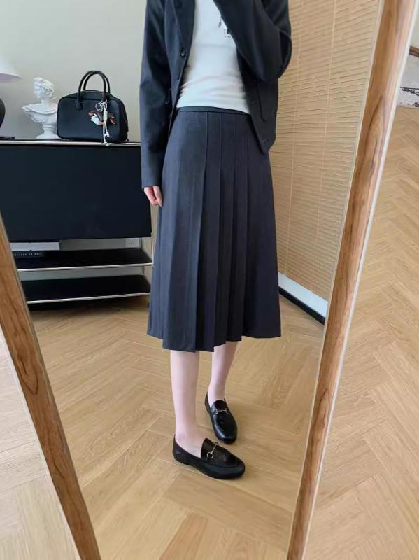 セットアップ レディース スーツ 羊毛 ジャケット スカート ミモレ丈 2点 通勤 無地 グレー ブラック 秋冬(4)