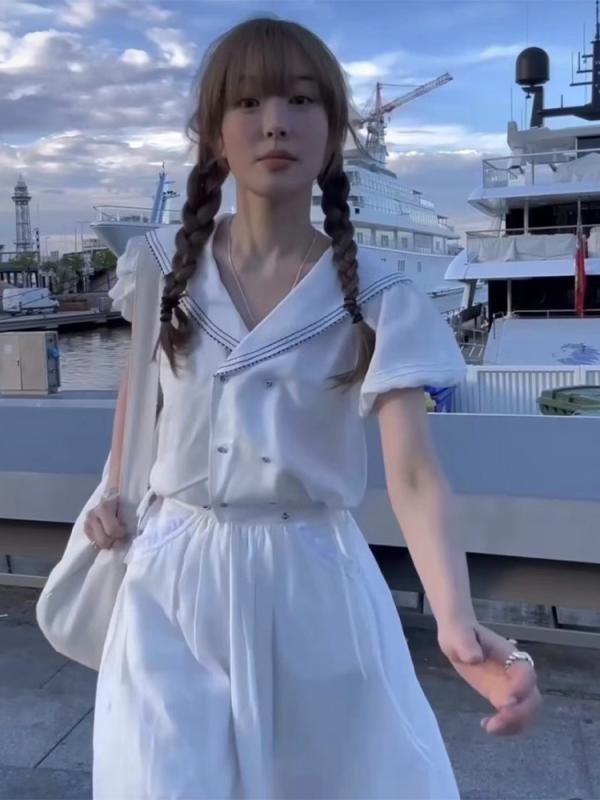 セットアップ レディース 水兵襟 半袖 トップス スカート ホワイト 白 紺色 ネイビー 褶皱 刺绣 刺繍 休闲 リラックスウェア S M 均码 フリーサイズ