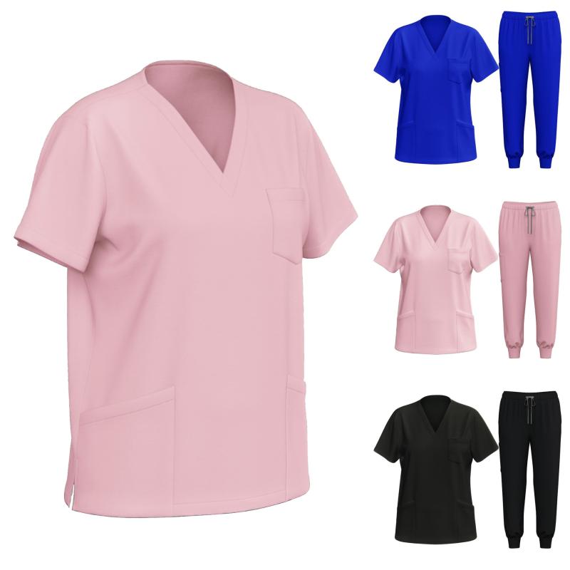 スクラブ レディース 医療用 白衣 手術衣 半袖 医療 介護 看護師 ポリエステル 無地 ポケット付き ピン..
