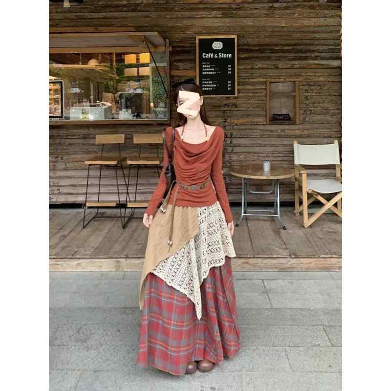 セットアップ レディース 春秋 民族風 ギャザー Tシャツ Aライン スカート 2点セット ポリエステル エレガント おしゃれ