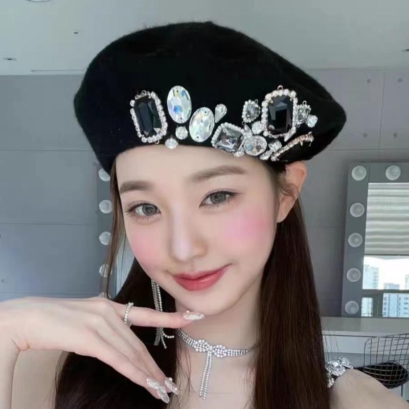 ベレー帽 レディース 韓国風 羊毛 呢 水钻 帽子 おしゃれ かわいい 画家帽 防寒 秋冬 ブラック ピンク系