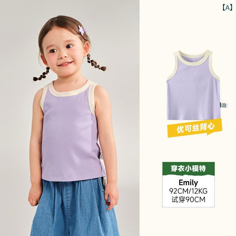 キッズ 女の子 ベスト タンクトップ ノースリーブ トップス 吸湿性 通気性 伸縮性 パープル ピンク系 ..