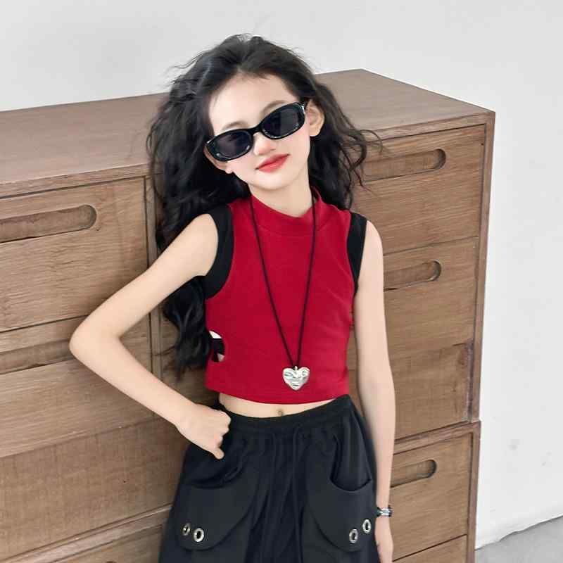 タンクトップ キッズ 女の子 子供服 トップス 配色 ノースリーブ Tシャツ 高学年 中学生 小学生 へそ出..