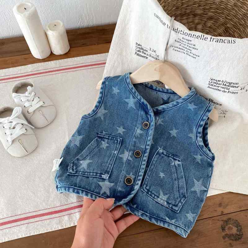 ベビー服 子供用 デニムベスト 春秋 男女兼用 韓国風 ノースリーブジャケット 普段着 おしゃれ着 ブル..