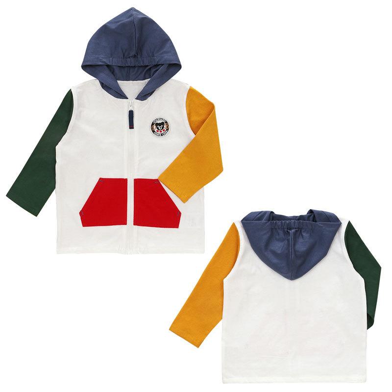 キッズ アウター 子供服 春秋 配色 切り替え ブラック ベア ワッペン フード付き ジップアップ ジャケット 綿 90 100 110 120 130cm(4)