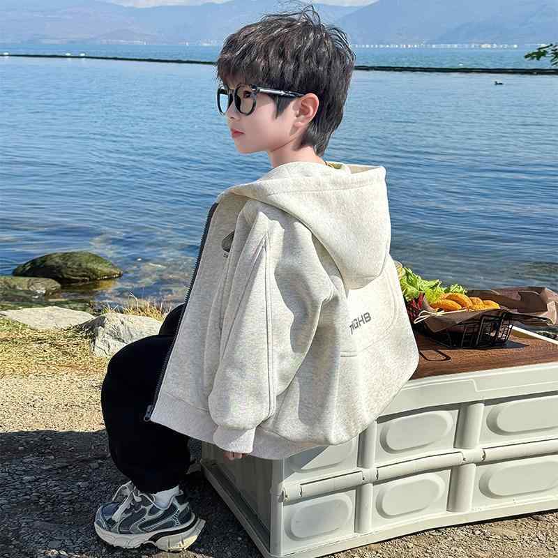 子供服 アウター キッズ 男の子 春秋 フード付き スウェット カーディガン カジュアル トップス 花灰色..