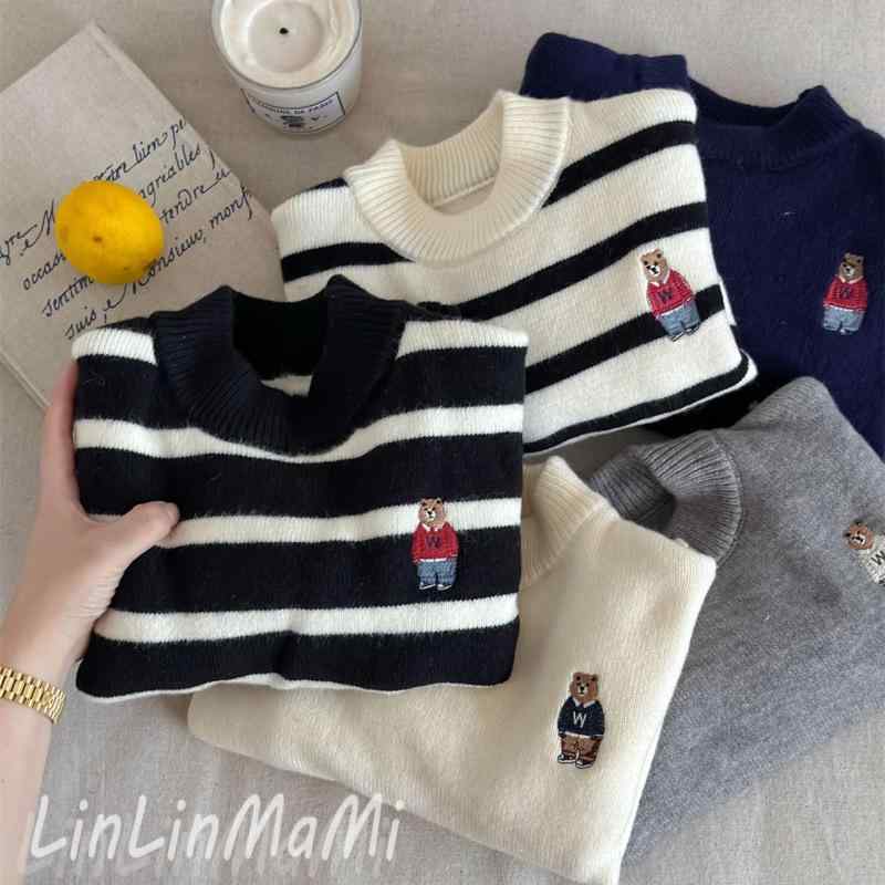 子供服 トレーナー 男の子 裏起毛 秋冬 ボーダー 小熊 刺繍 ハーフハイネック トップス カットソー 90 ..