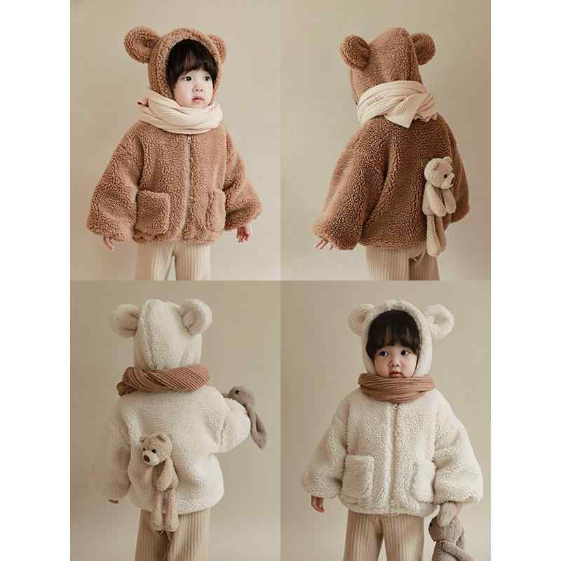 キッズ アウター 子供服 ボアジャケット フード付き 上着 厚手 フリース 韓国風 冬 米白 駝黄 80cm 90c..