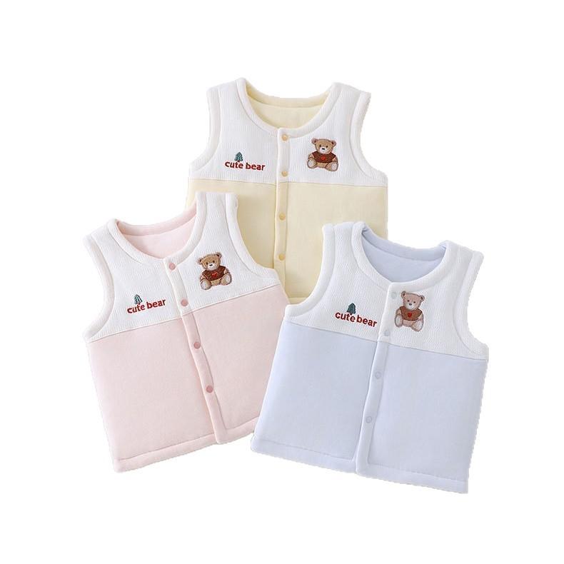 ベビー服 子供用 厚手 中綿入り ベスト 男女兼用 コットン100% あったか かわいい 小熊柄 ブルー イエ..