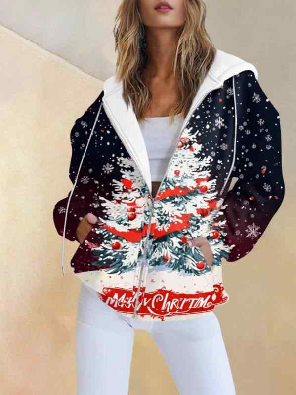 スウェット レディース 秋冬 クリスマスツリー プリント 長袖 ジップアップ パーカー 3D 立体柄 ゆるか..