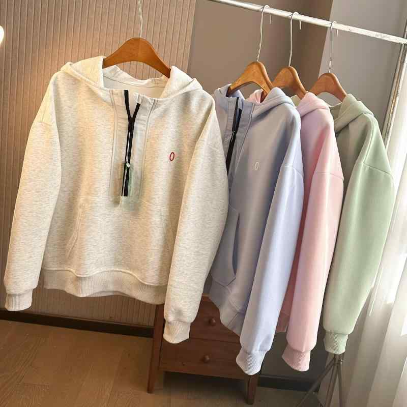 パーカー レディース 春秋 配色 切り替え ハーフジップ 長袖 フード付き スウェット トップス 普段使い 通勤 リラックス ウェア 綿 ポリエステル 混紡 灰色 グレー 水色 ブルー グリーン ピンク かわいい(4)