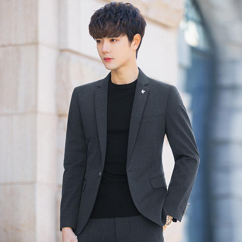 スーツ メンズ 格子柄 スリムフィット カジュアル テーラードジャケット ビジネス 男性用 春秋 グレー ポリエステル