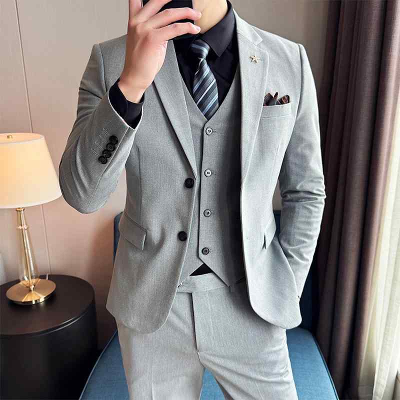 スーツ メンズ ビジネス カジュアル 3点セット 紳士服 フォーマル リクルート 就活 結婚式 二次会 パーティー 春秋 ポリエステル ブラック グレー ベージュ