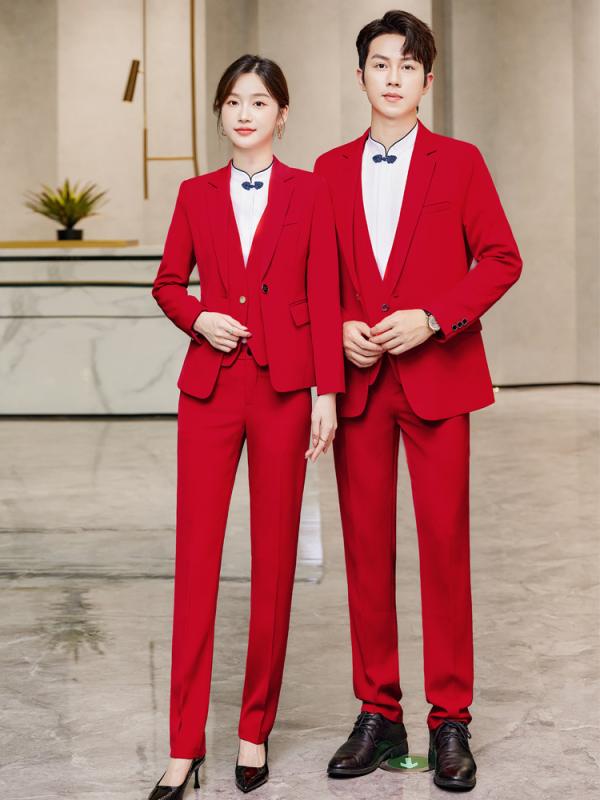 スーツ 男性用 大紅色 フォーマル 上下セット 中国風 ユニフォーム 接客 制服 春夏秋冬 粘纤 TR斜紋 ヨーロッパ 南米 伸縮性 抗ピリング